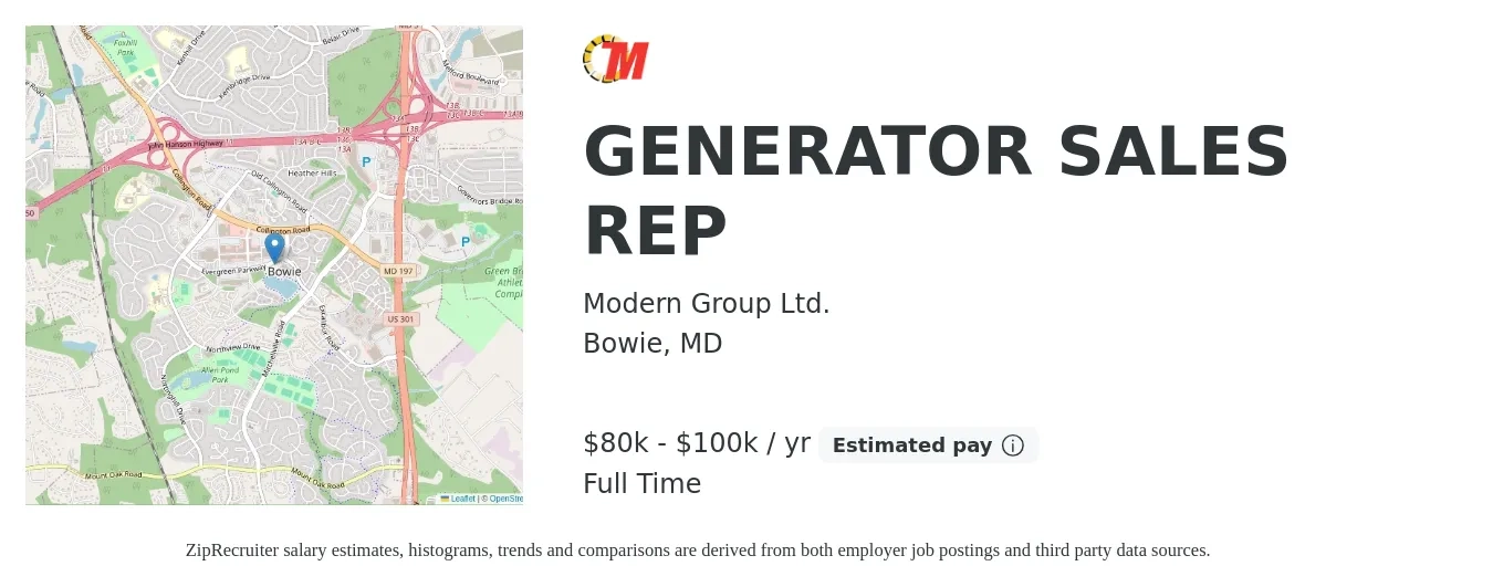 Modern Group Ltd. job posting for a GENERATOR SALES REP in Bowie, MD with a salary of $80,000 to $100,000 Yearly with a map of Bowie location.