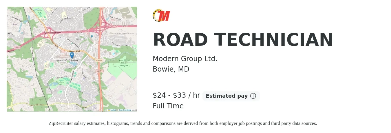 Modern Group Ltd. job posting for a ROAD TECHNICIAN in Bowie, MD with a salary of $25 to $35 Hourly with a map of Bowie location.