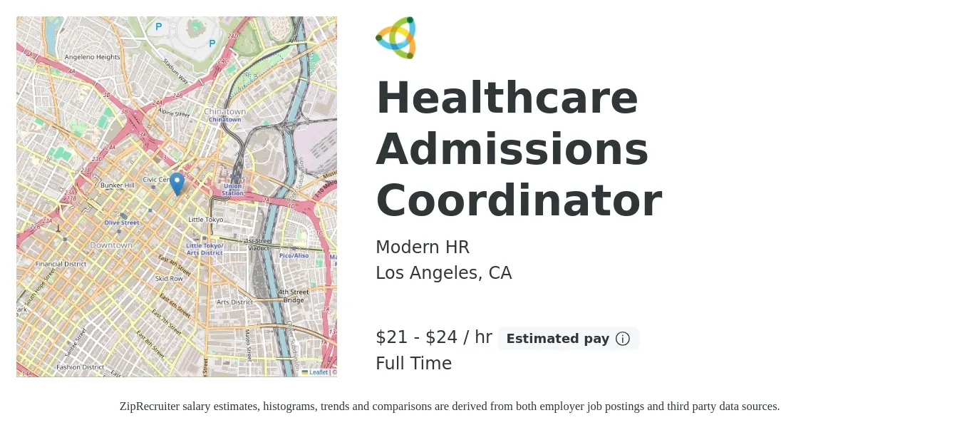 Modern HR job posting for a Healthcare Admissions Coordinator in Los Angeles, CA with a salary of $22 to $25 Hourly with a map of Los Angeles location.