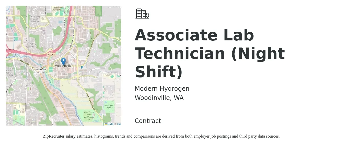 Modern Hydrogen job posting for a Associate Lab Technician (Night Shift) in Woodinville, WA with a salary of $21 to $28 Hourly with a map of Woodinville location.