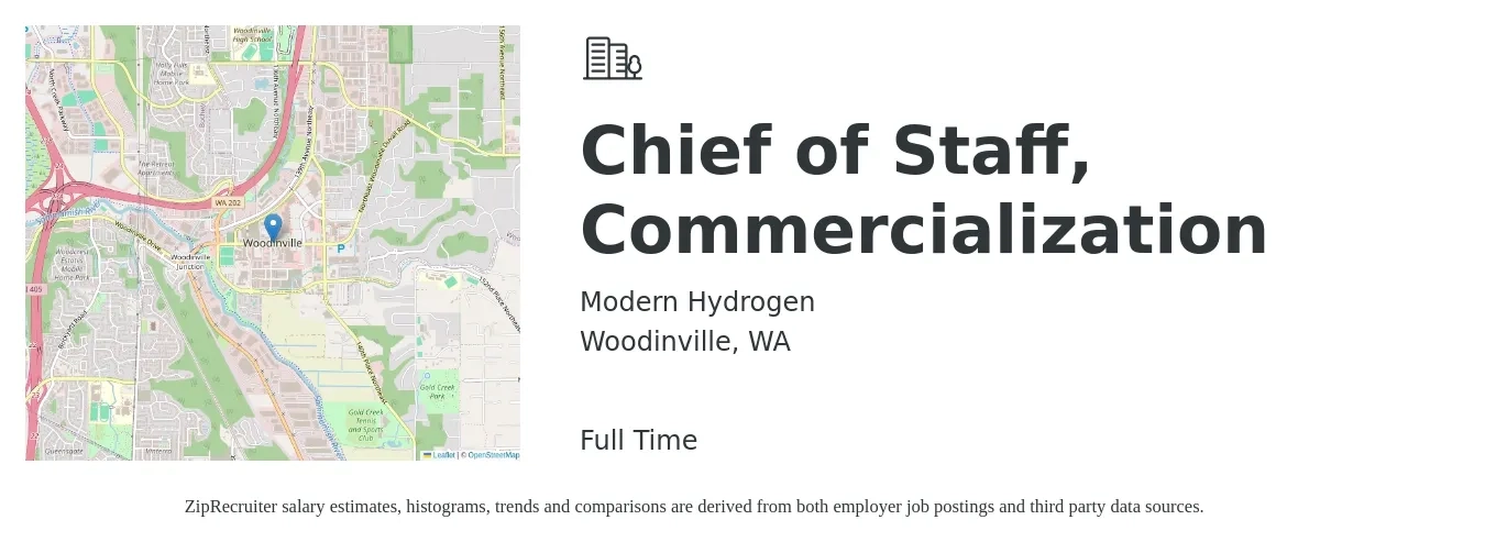 Modern Hydrogen job posting for a Chief of Staff, Commercialization in Woodinville, WA with a salary of $100,000 to $160,000 Yearly with a map of Woodinville location.