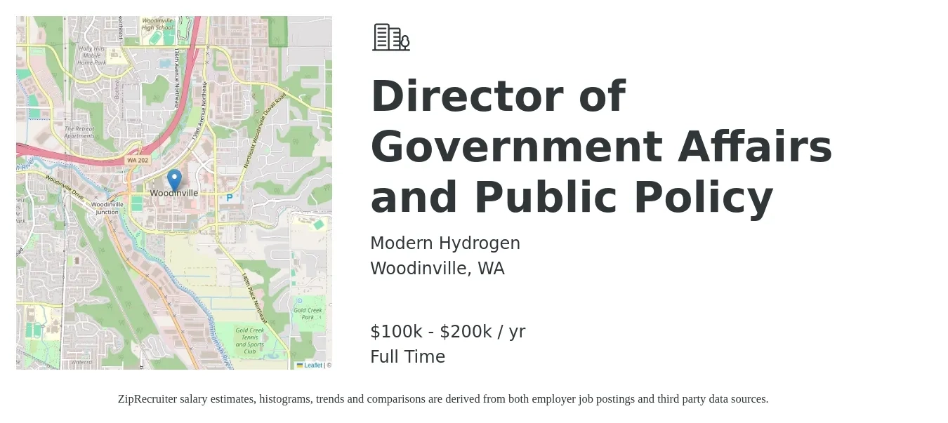 Modern Hydrogen job posting for a Director of Government Affairs and Public Policy in Woodinville, WA with a salary of $100,000 to $200,000 Yearly with a map of Woodinville location.