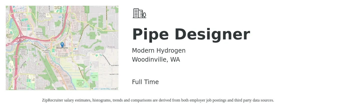 Modern Hydrogen job posting for a Pipe Designer in Woodinville, WA with a salary of $73,000 to $110,000 Yearly with a map of Woodinville location.