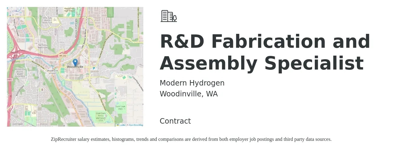 Modern Hydrogen job posting for a R&D Fabrication and Assembly Specialist in Woodinville, WA with a salary of $23 to $29 Hourly with a map of Woodinville location.