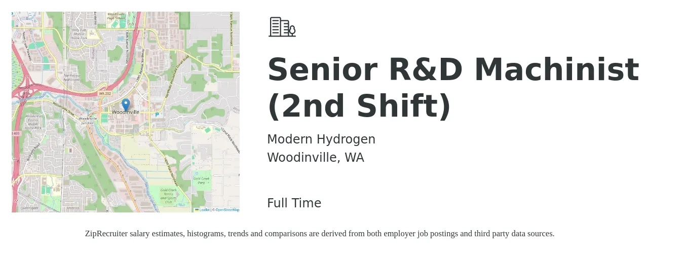 Modern Hydrogen job posting for a Senior R&D Machinist (2nd Shift) in Woodinville, WA with a salary of $30 to $50 Hourly with a map of Woodinville location.