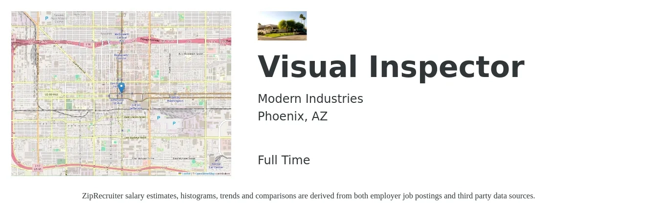 Modern Industries job posting for a Visual Inspector in Phoenix, AZ with a salary of $17 to $24 Hourly with a map of Phoenix location.