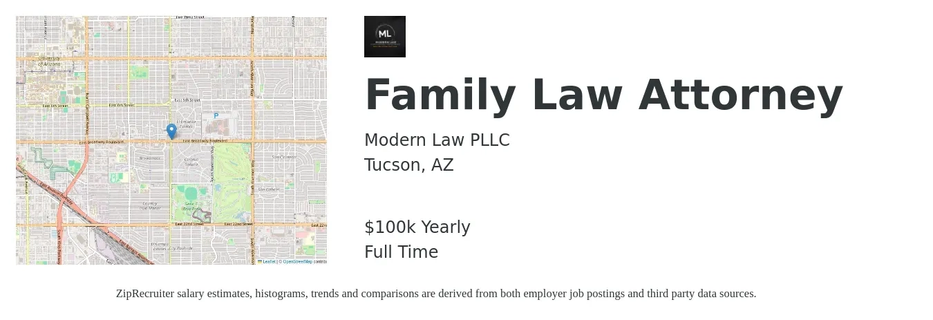 Modern Law PLLC job posting for a Family Law Attorney in Tucson, AZ with a salary of $100,000 Yearly with a map of Tucson location.