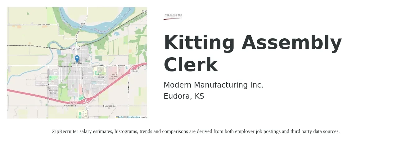 Modern Manufacturing Inc. job posting for a Kitting Assembly Clerk in Eudora, KS with a salary of $16 to $21 Hourly with a map of Eudora location.
