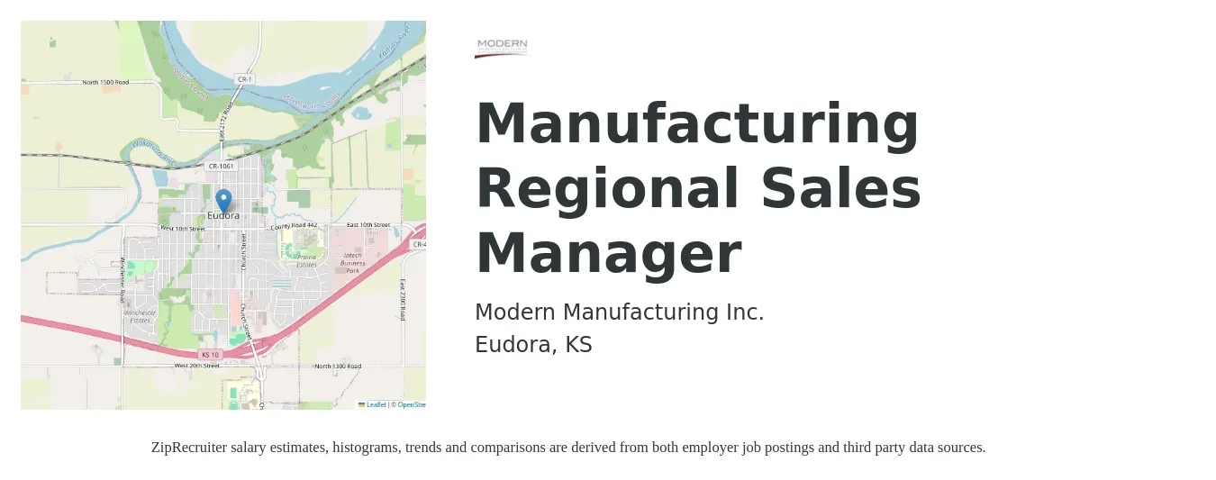 Modern Manufacturing Inc. job posting for a Manufacturing Regional Sales Manager in Eudora, KS with a salary of $120,000 to $150,000 Yearly with a map of Eudora location.