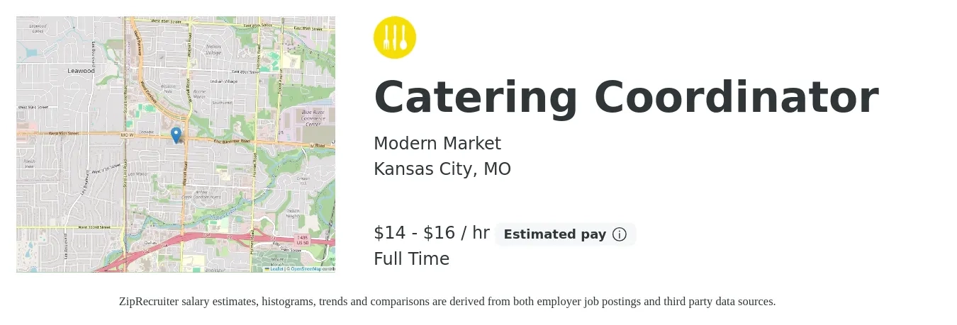 Modern Market job posting for a Catering Coordinator in Kansas City, MO with a salary of $15 to $17 Hourly with a map of Kansas City location.