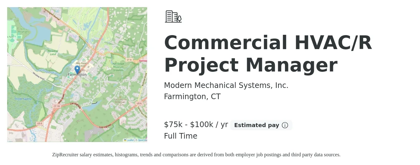 Modern Mechanical Systems, Inc. job posting for a Commercial HVAC/R Project Manager in Farmington, CT with a salary of $75,000 to $100,000 Yearly with a map of Farmington location.