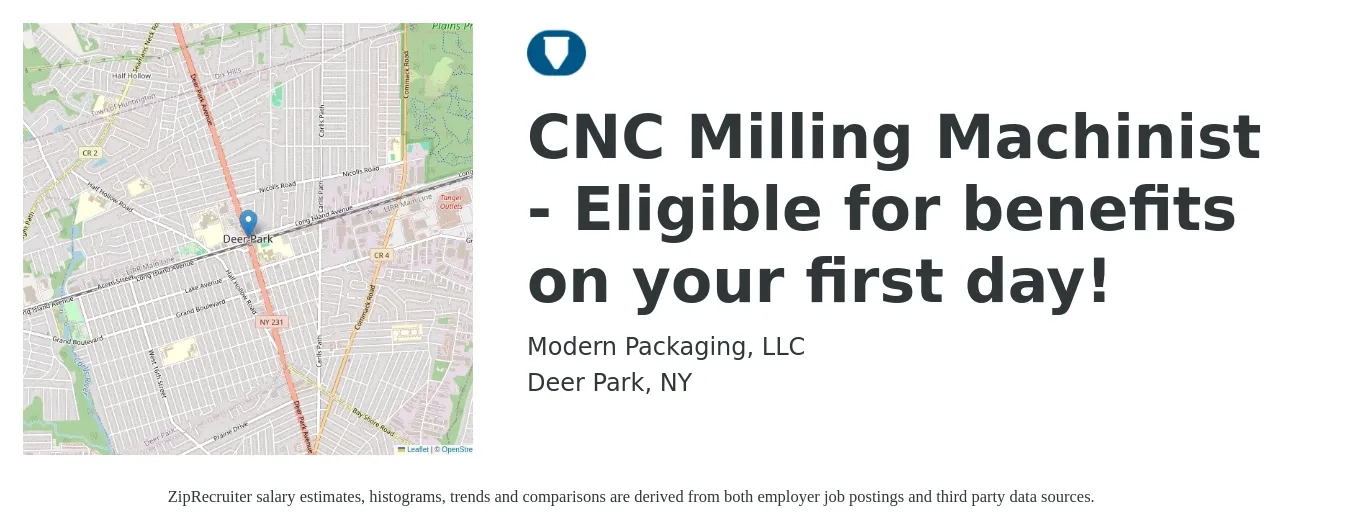 Modern Packaging, LLC job posting for a CNC Milling Machinist - Eligible for benefits on your first day! in Deer Park, NY with a salary of $23 to $30 Hourly with a map of Deer Park location.
