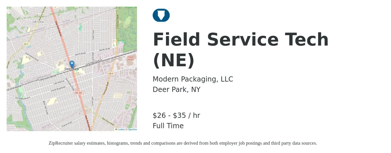 Modern Packaging, LLC job posting for a Field Service Tech (NE) in Deer Park, NY with a salary of $28 to $37 Hourly with a map of Deer Park location.