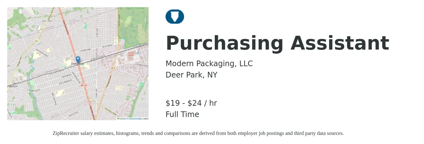 Modern Packaging, LLC job posting for a Purchasing Assistant in Deer Park, NY with a salary of $20 to $25 Hourly with a map of Deer Park location.