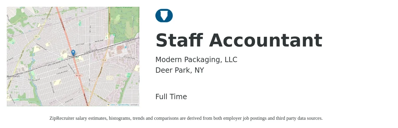 Modern Packaging, LLC job posting for a Staff Accountant in Deer Park, NY with a salary of $57,200 to $75,400 Yearly with a map of Deer Park location.
