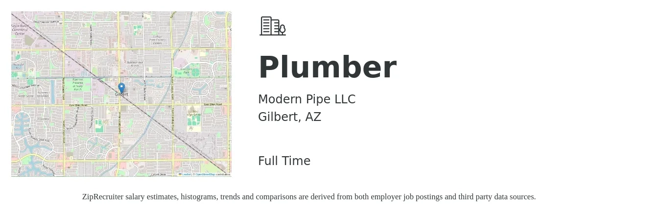 Modern Pipe LLC job posting for a Plumber in Gilbert, AZ with a salary of $60,000 to $130,000 Monthly with a map of Gilbert location.