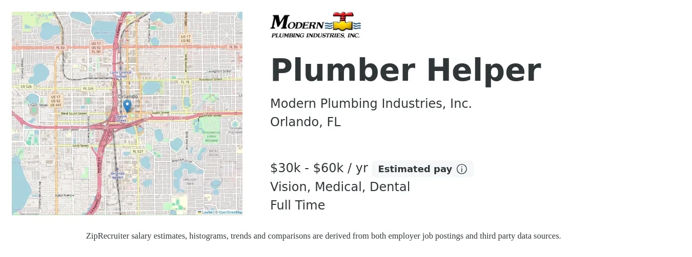 Modern Plumbing Industries, Inc. job posting for a Plumber Helper in Orlando, FL with a salary of $30,000 to $60,000 Yearly and benefits including dental, life_insurance, medical, retirement, and vision with a map of Orlando location.