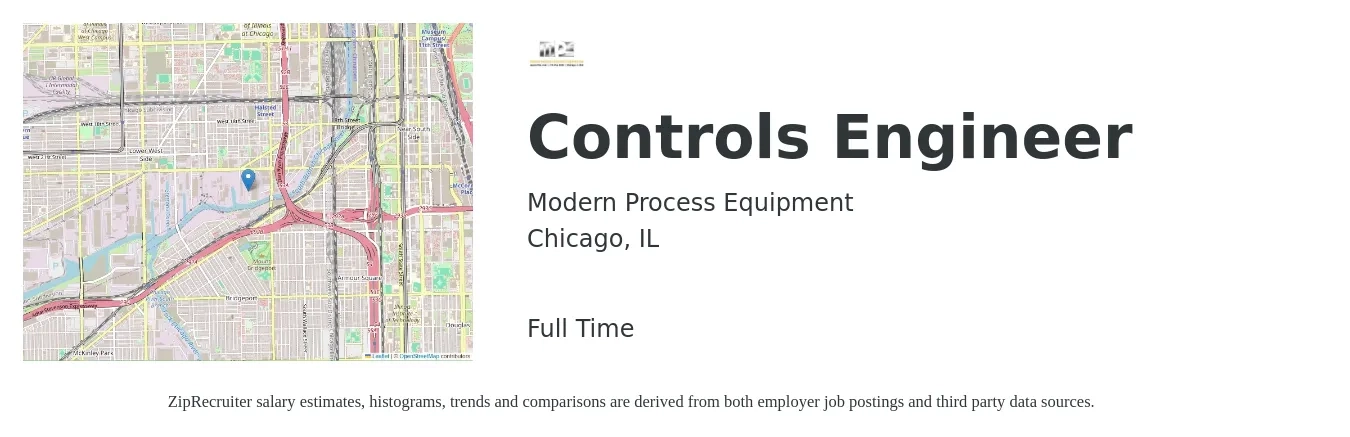 Modern Process Equipment job posting for a Controls Engineer in Chicago, IL with a salary of $83,200 to $107,700 Yearly with a map of Chicago location.