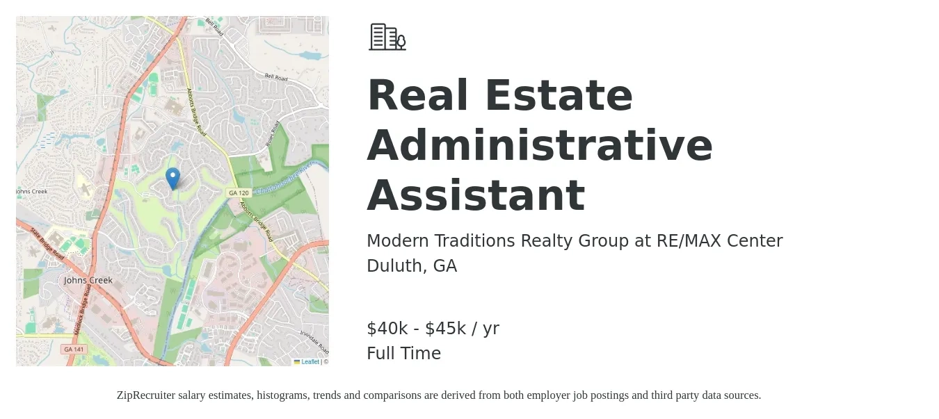 Modern Traditions Realty Group at RE/MAX Center job posting for a Real Estate Administrative Assistant in Duluth, GA with a salary of $40,000 to $45,000 Yearly with a map of Duluth location.