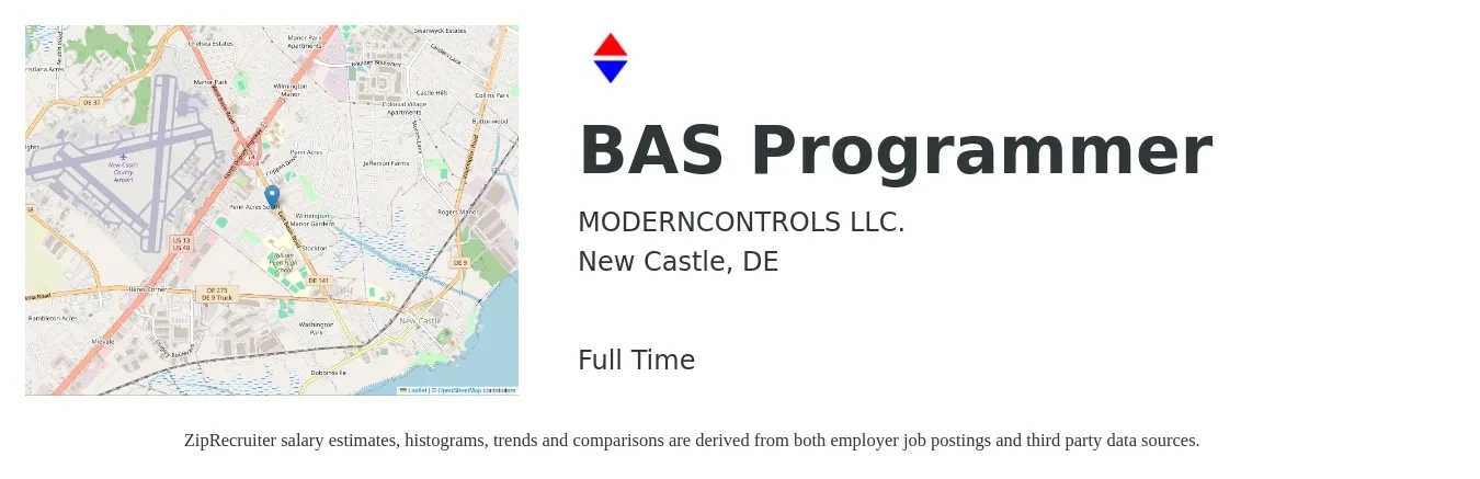 MODERNCONTROLS LLC. job posting for a BAS Programmer in New Castle, DE with a salary of $26 to $52 Hourly with a map of New Castle location.