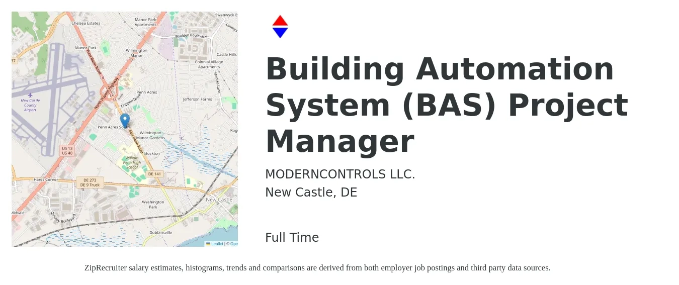 MODERNCONTROLS LLC. job posting for a Building Automation System (BAS) Project Manager in New Castle, DE with a salary of $92,100 to $120,700 Yearly with a map of New Castle location.