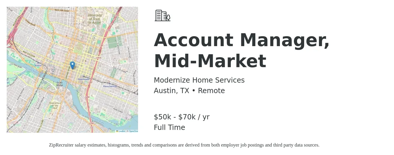 Modernize Home Services job posting for a Account Manager, Mid-Market in Austin, TX with a salary of $50,000 to $70,000 Yearly with a map of Austin location.