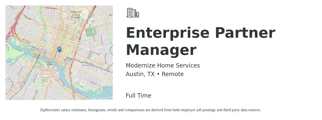 Modernize Home Services job posting for a Enterprise Partner Manager in Austin, TX with a salary of $91,700 to $134,300 Yearly with a map of Austin location.