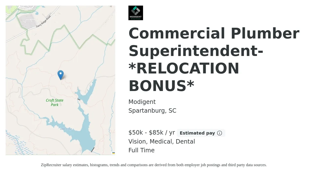 Modigent job posting for a Commercial Plumber Superintendent-*RELOCATION BONUS* in Spartanburg, SC with a salary of $50,000 to $85,000 Yearly and benefits including dental, life_insurance, medical, retirement, and vision with a map of Spartanburg location.