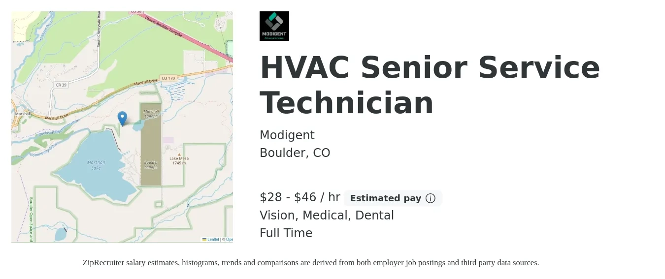 Modigent job posting for a HVAC Senior Service Technician in Boulder, CO with a salary of $30 to $48 Hourly and benefits including dental, life_insurance, medical, retirement, and vision with a map of Boulder location.