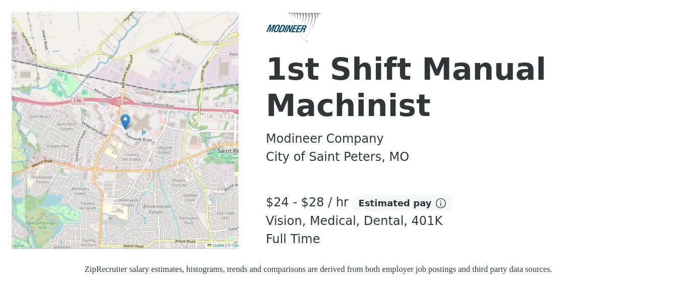 Modineer Company job posting for a 1st Shift Manual Machinist in City of Saint Peters, MO with a salary of $25 to $30 Hourly and benefits including 401k, dental, life_insurance, medical, and vision with a map of City of Saint Peters location.