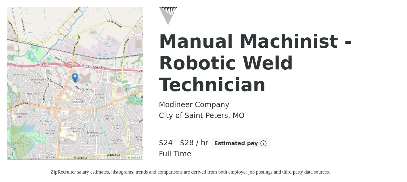 Modineer Company job posting for a Manual Machinist - Robotic Weld Technician in City of Saint Peters, MO with a salary of $25 to $30 Hourly with a map of City of Saint Peters location.