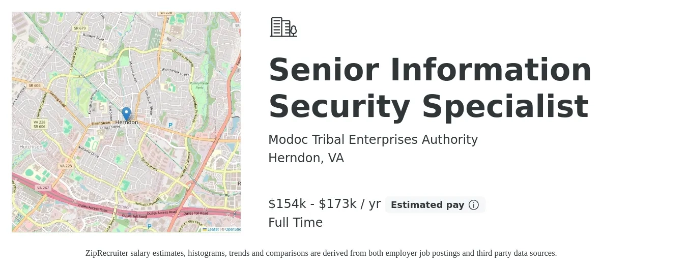 Modoc Tribal Enterprises Authority job posting for a Senior Information Security Specialist in Herndon, VA with a salary of $154,000 to $173,000 Yearly with a map of Herndon location.