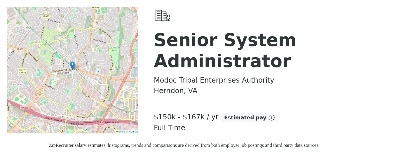 Modoc Tribal Enterprises Authority job posting for a Senior System Administrator in Herndon, VA with a salary of $150,000 to $167,000 Yearly with a map of Herndon location.
