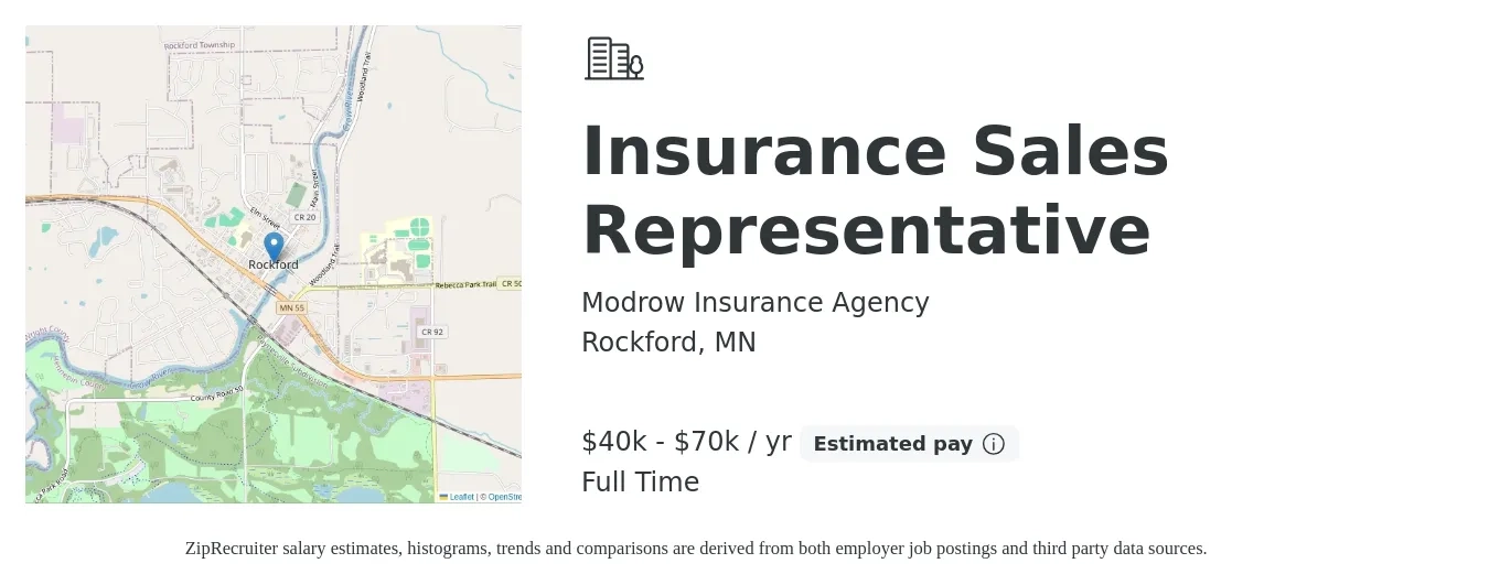 Modrow Insurance Agency job posting for a Insurance Sales Representative in Rockford, MN with a salary of $40,000 to $70,000 Yearly with a map of Rockford location.