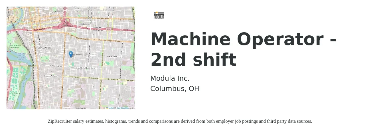 Modula Inc. job posting for a Machine Operator - 2nd shift in Columbus, OH with a salary of $16 to $18 Hourly with a map of Columbus location.