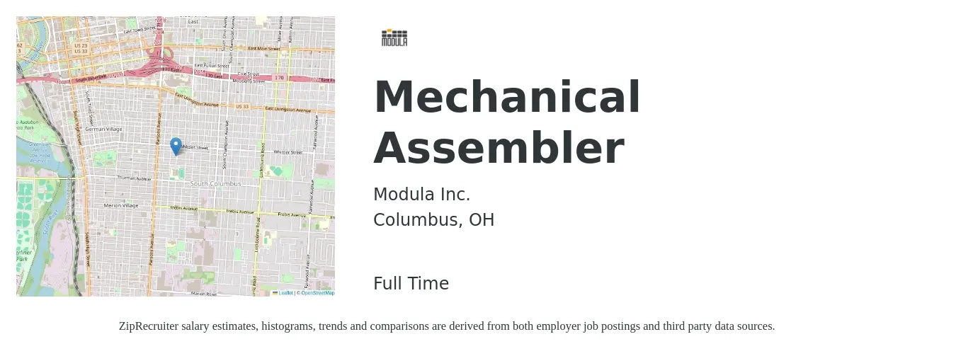 Modula Inc. job posting for a Mechanical Assembler in Columbus, OH with a salary of $16 to $21 Hourly with a map of Columbus location.