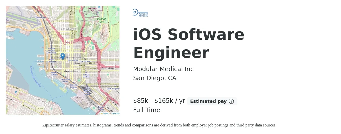 Modular Medical Inc job posting for a iOS Software Engineer in San Diego, CA with a salary of $85,000 to $165,000 Yearly with a map of San Diego location.