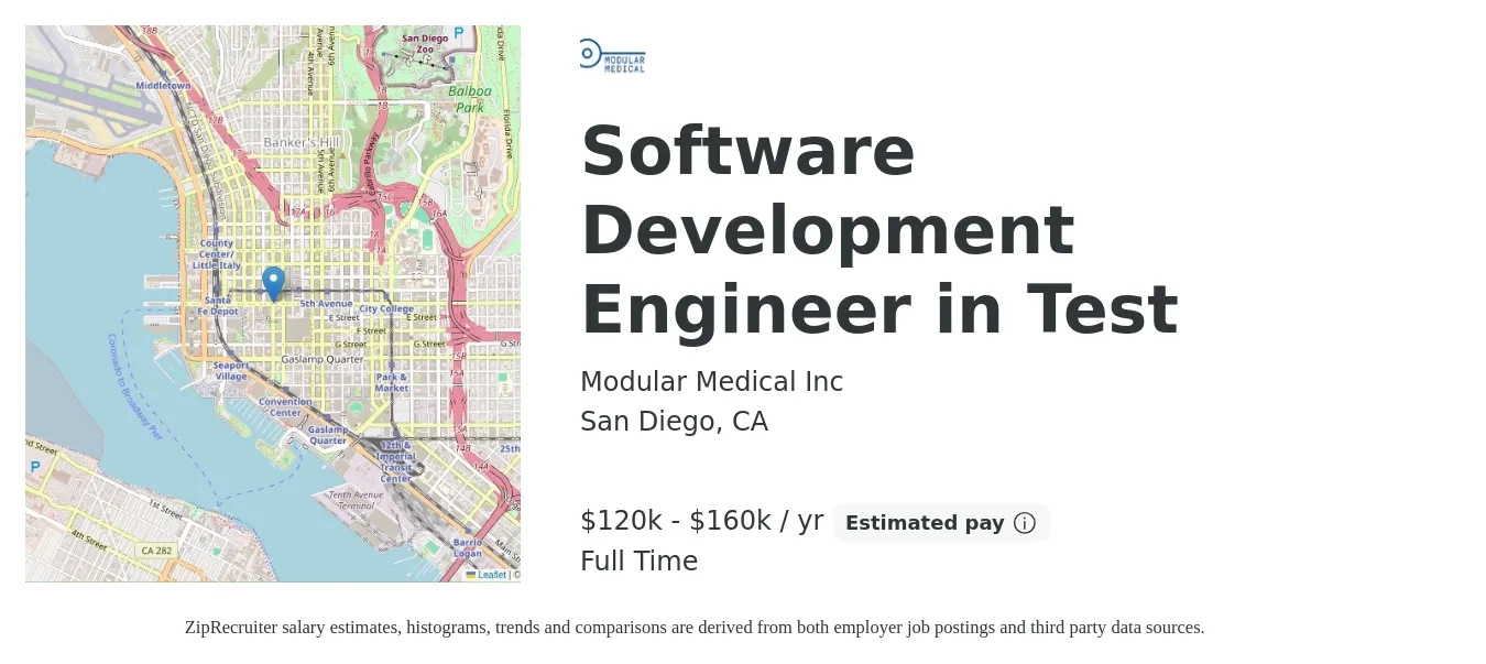 Modular Medical Inc job posting for a Software Development Engineer in Test in San Diego, CA with a salary of $120,000 to $160,000 Yearly with a map of San Diego location.