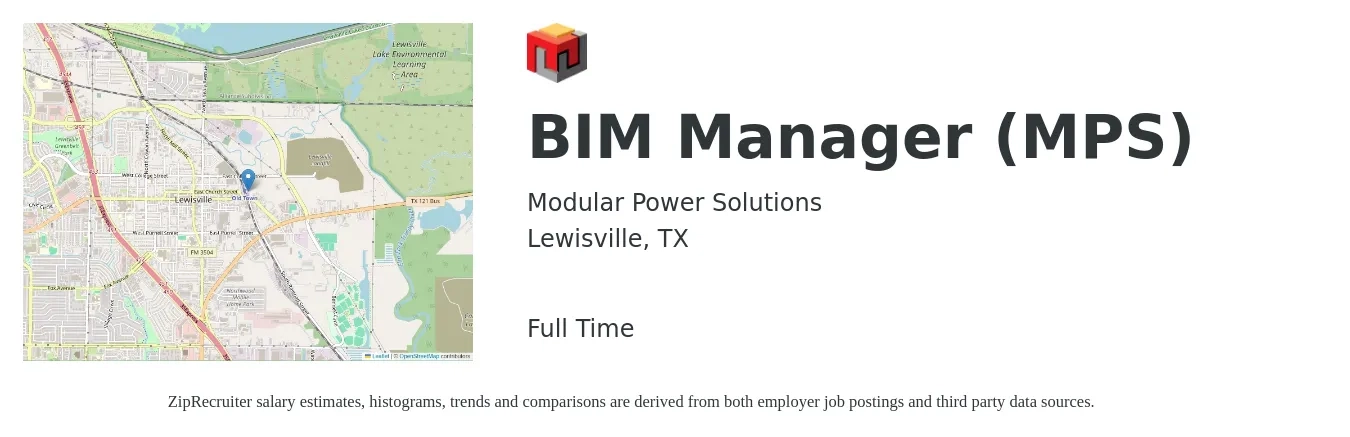 Modular Power Solutions job posting for a BIM Manager (MPS) in Lewisville, TX with a salary of $64,900 to $101,300 Yearly with a map of Lewisville location.
