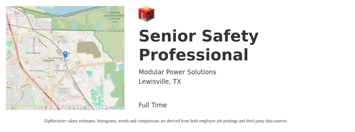 Modular Power Solutions job posting for a Senior Safety Professional in Lewisville, TX with a salary of $25 to $38 Hourly with a map of Lewisville location.