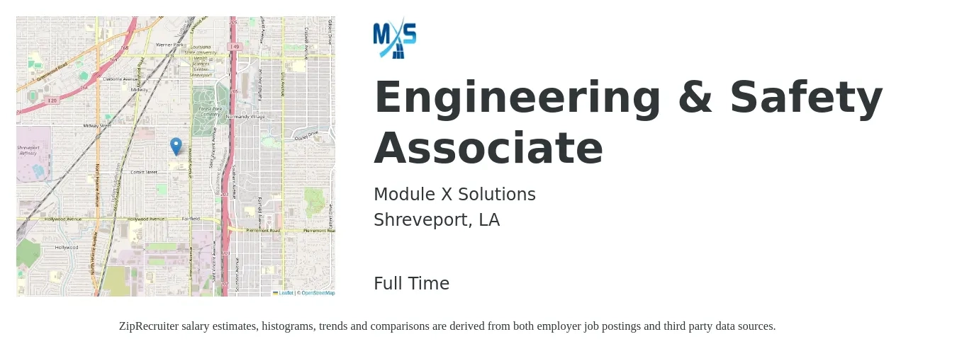 Module X Solutions job posting for a Engineering & Safety Associate in Shreveport, LA with a salary of $15 to $28 Hourly with a map of Shreveport location.