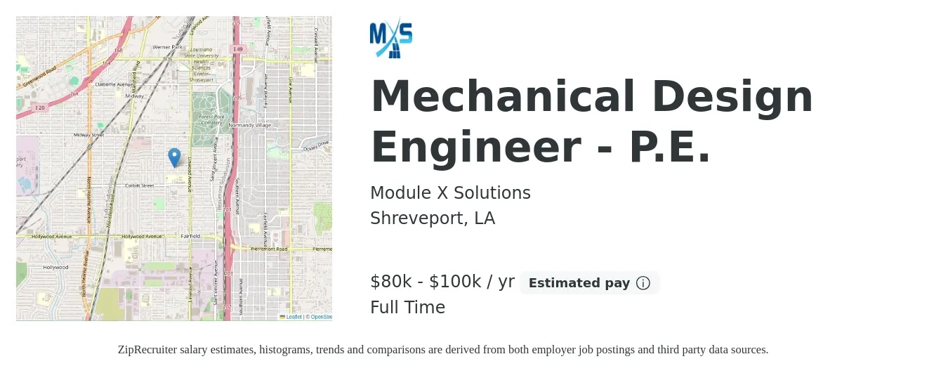 Module X Solutions job posting for a Mechanical Design Engineer - P.E. in Shreveport, LA with a salary of $80,000 to $100,000 Yearly with a map of Shreveport location.