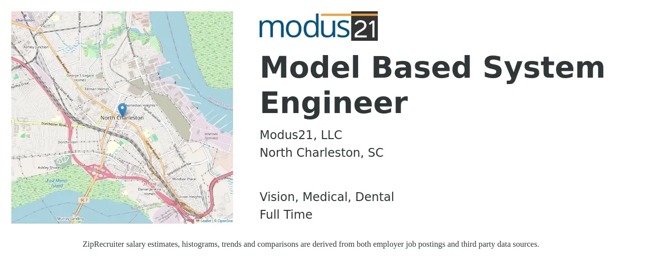 Modus21, LLC job posting for a Model Based System Engineer in North Charleston, SC with a salary of $93,500 to $149,800 Yearly and benefits including vision, dental, life_insurance, medical, pto, and retirement with a map of North Charleston location.