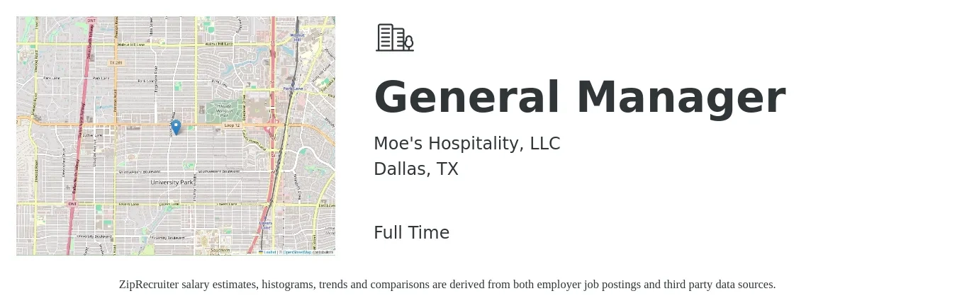 Moe's Hospitality, LLC job posting for a General Manager in Dallas, TX with a salary of $49,000 to $73,200 Yearly with a map of Dallas location.