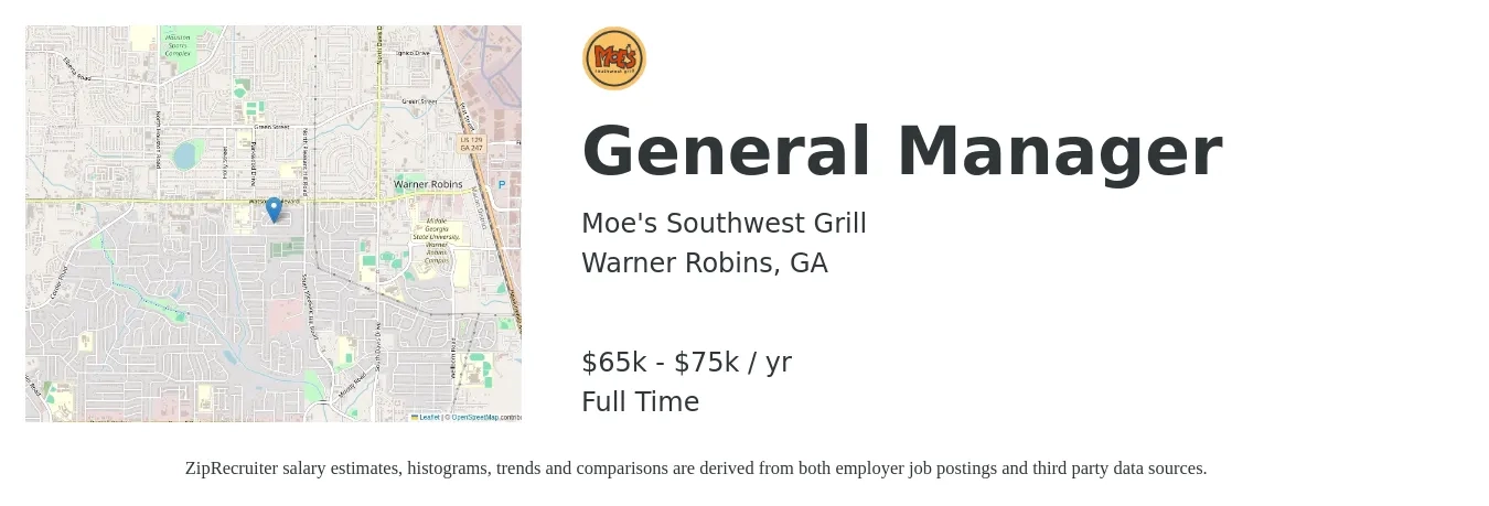 Moe's Southwest Grill job posting for a General Manager in Warner Robins, GA with a salary of $65,000 to $75,000 Yearly with a map of Warner Robins location.