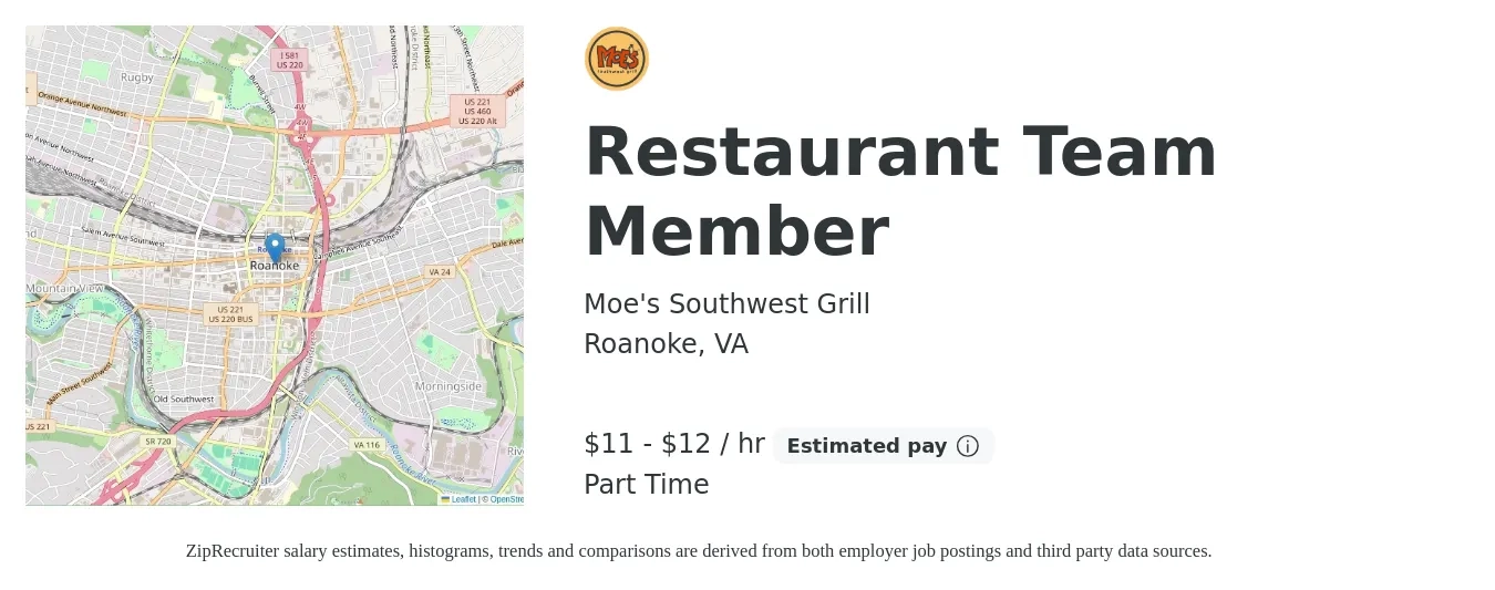 Moe's Southwest Grill job posting for a Restaurant Team Member in Roanoke, VA with a salary of $11 Hourly with a map of Roanoke location.