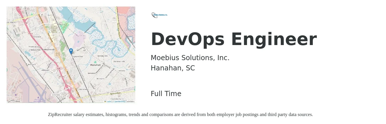 Moebius Solutions, Inc. job posting for a DevOps Engineer in Hanahan, SC with a salary of $93,600 to $114,000 Yearly with a map of Hanahan location.