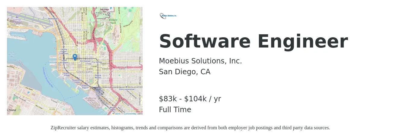Moebius Solutions, Inc. job posting for a Software Engineer in San Diego, CA with a salary of $83,000 to $104,000 Yearly with a map of San Diego location.