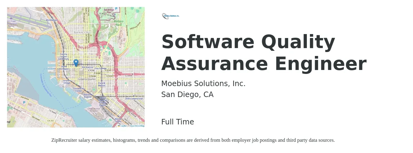 Moebius Solutions, Inc. job posting for a Software Quality Assurance Engineer in San Diego, CA with a salary of $42 to $61 Hourly with a map of San Diego location.