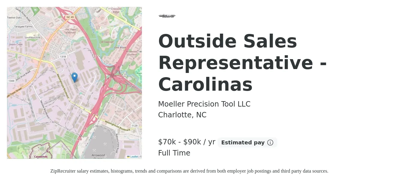 Moeller Precision Tool LLC job posting for a Outside Sales Representative - Carolinas in Charlotte, NC with a salary of $70,000 to $90,000 Yearly with a map of Charlotte location.
